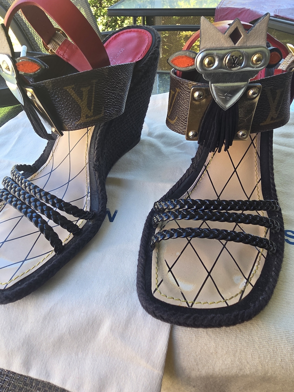 Louis Vuitton Black Monogram Braided Wedge Sandals with Red Ankle Straps Accents
